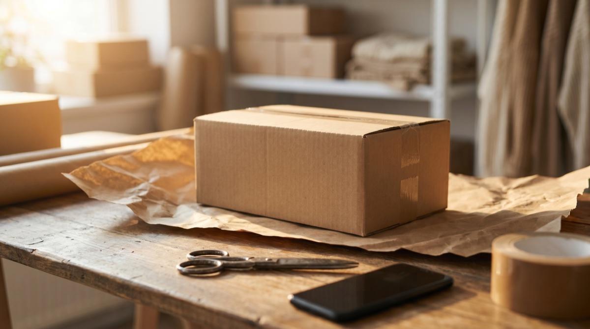 Estación de empaque de e-commerce con teléfono y caja
