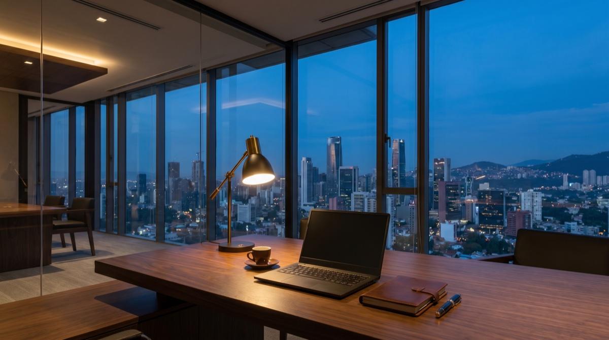 Oficina ejecutiva con vista nocturna a una ciudad LATAM