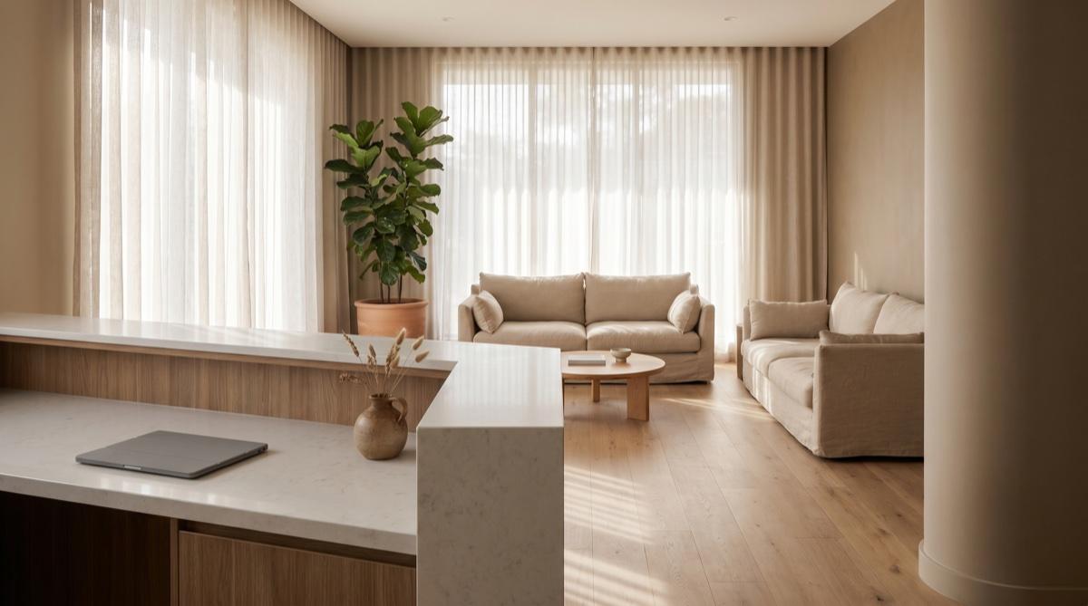 Sala de espera de clínica privada con luz cálida