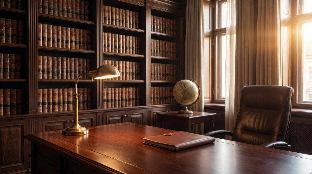 Oficina de despacho profesional con biblioteca y escritorio