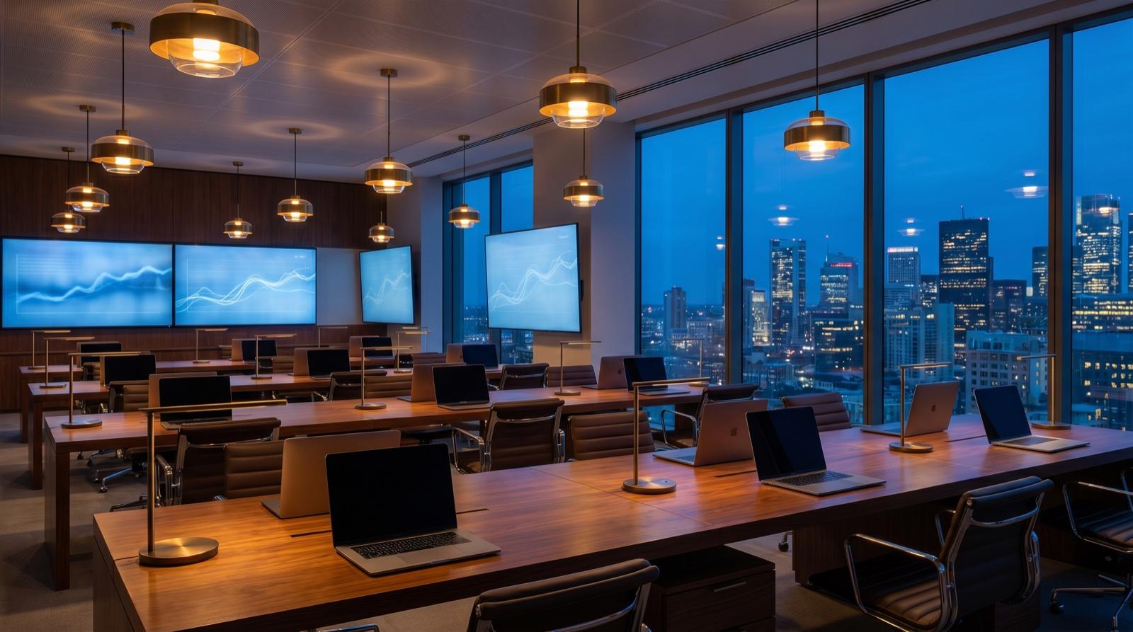 Sala de operaciones nocturna con dashboards azules y skyline LATAM