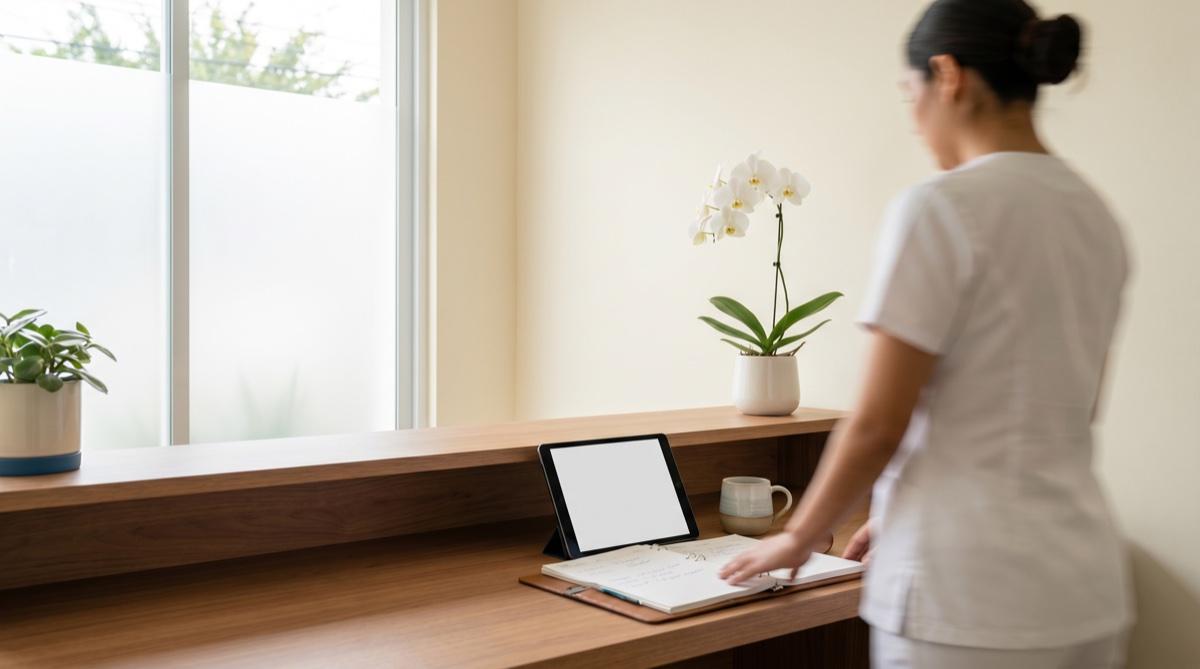 Recepción de clínica moderna con tablet y agenda