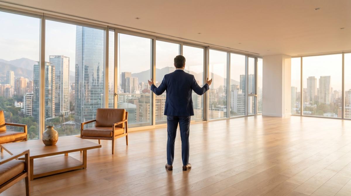Asesor inmobiliario mostrando un departamento con vista a la ciudad
